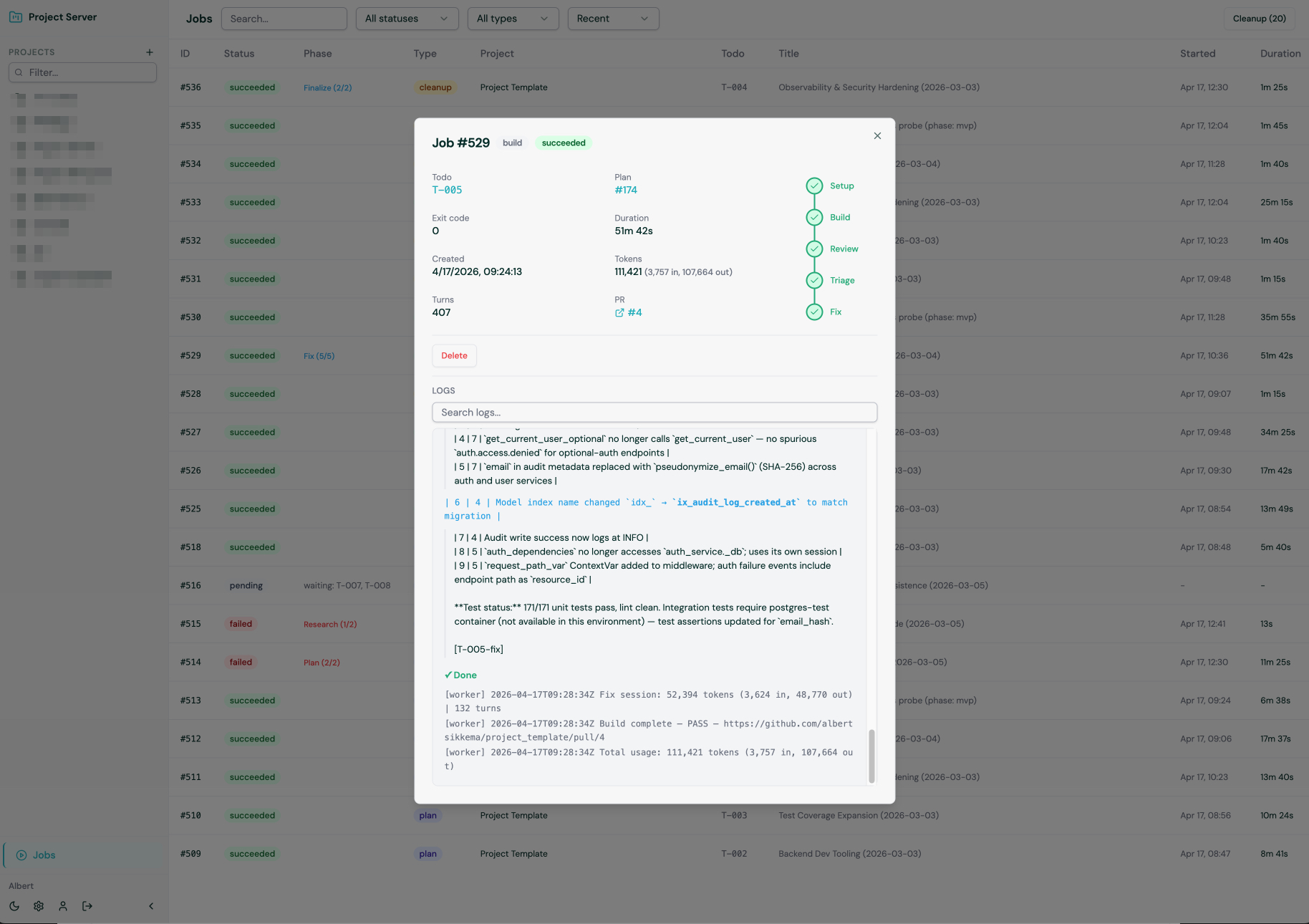 Project Server jobs dashboard showing a succeeded build with Setup, Build, Review, Triage and Fix stages ticked off