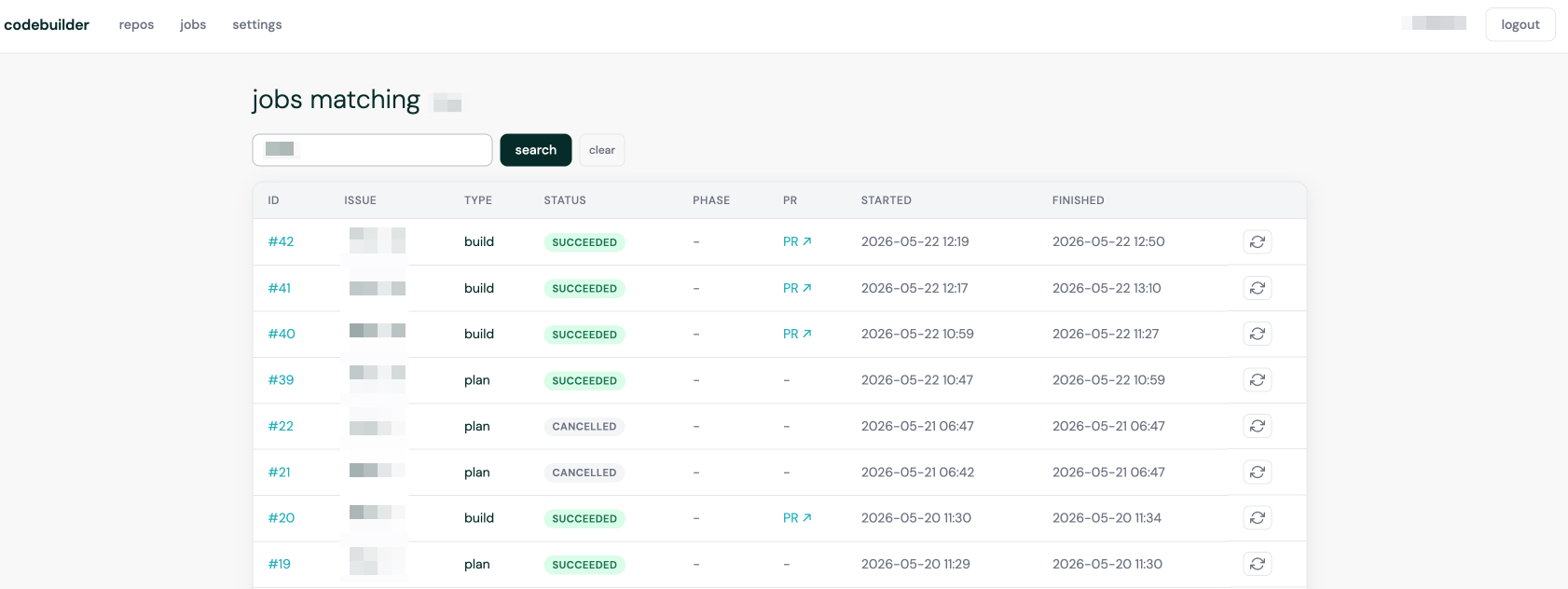Codebuilder jobs dashboard showing a list of build and plan jobs with status, PR links, and timestamps