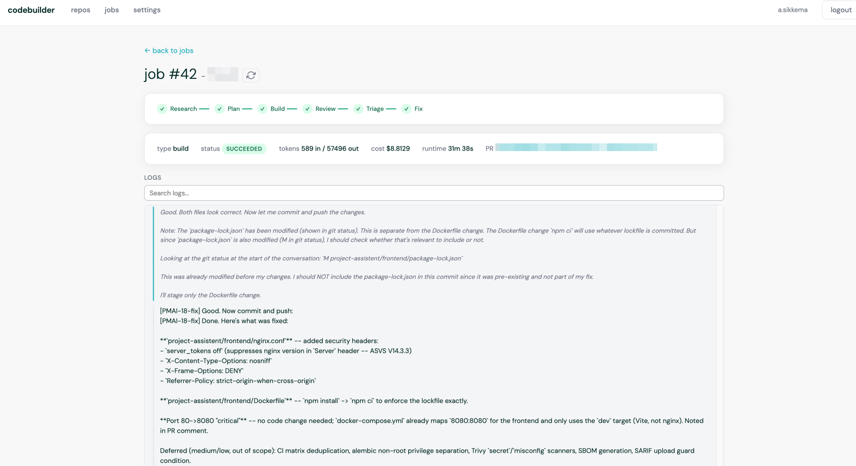 Codebuilder job detail showing completed Research, Plan, Build, Review, Triage, and Fix steps with logs, token usage, cost, and runtime