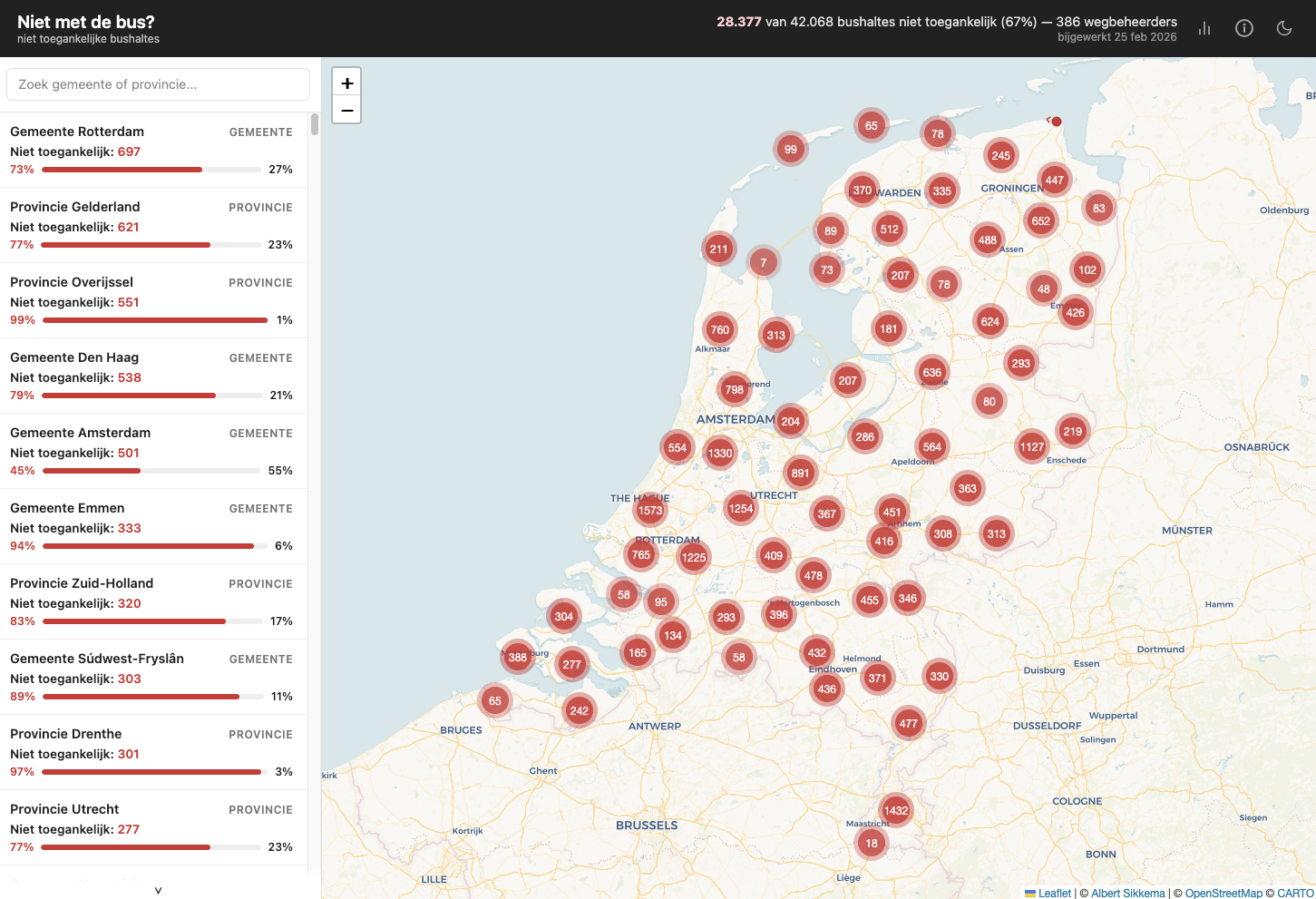 Screenshot van nietmetdebus.nl: een interactieve kaart met ontoegankelijke bushaltes in Nederland